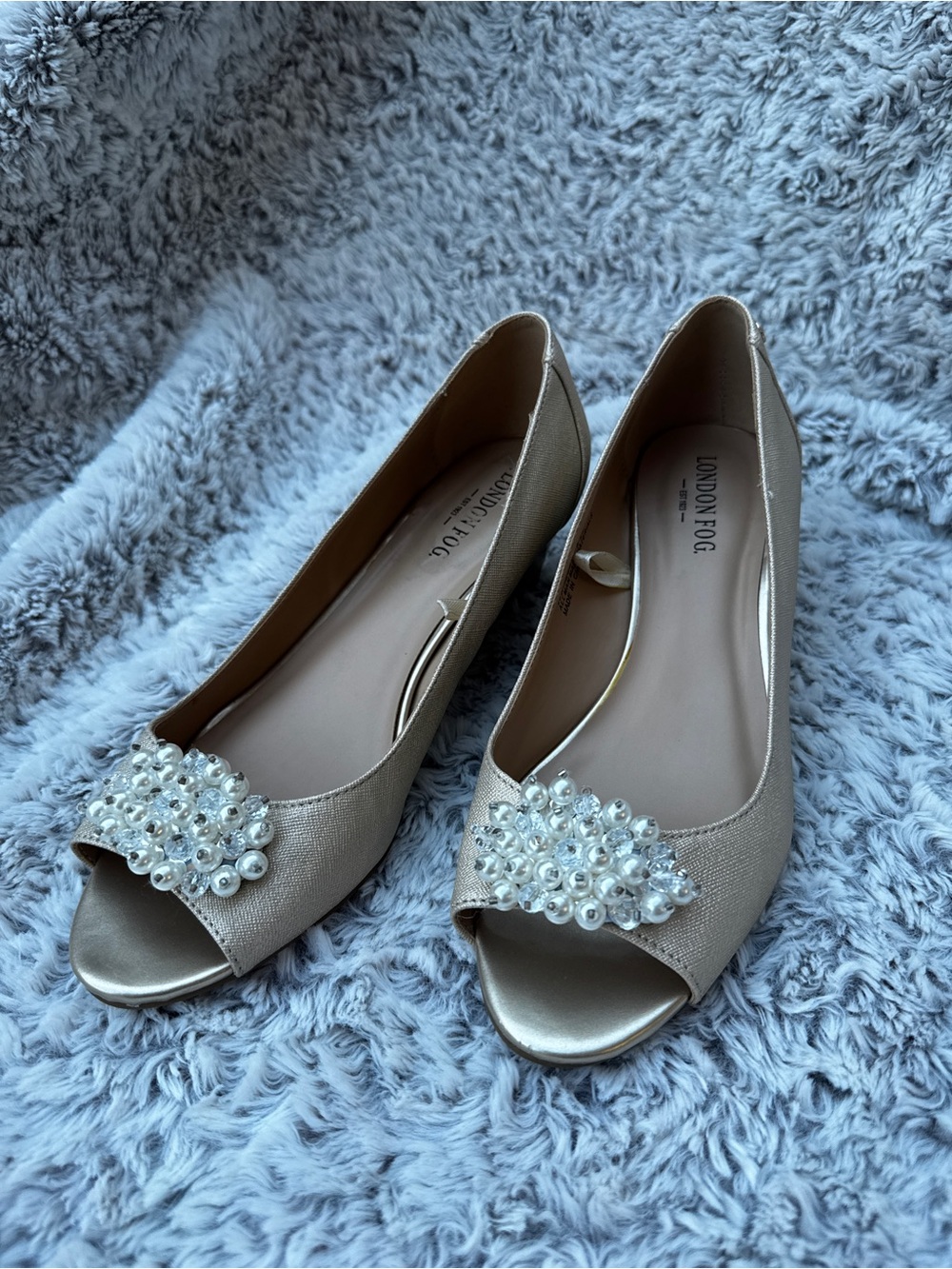 London Fog Champagne Pearl & Crystal Peep-Toe Flats